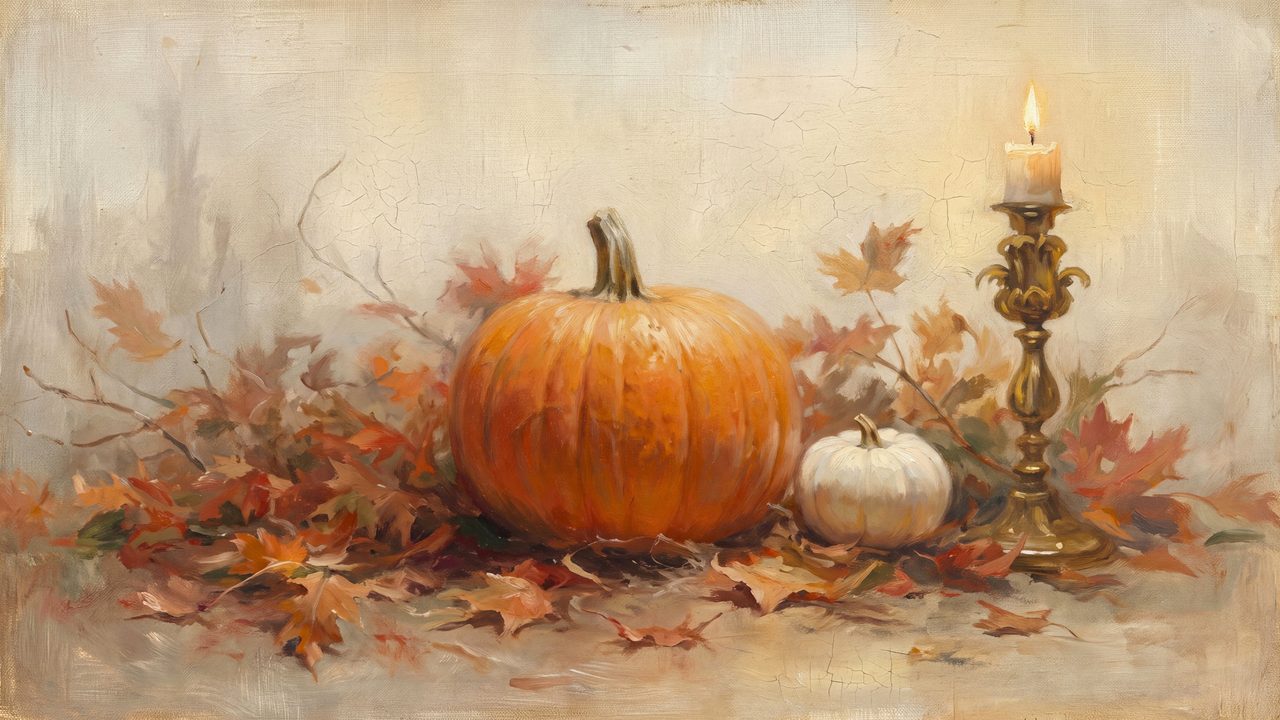 Fall Frame TV Art, Vintage Autumn Oil Painting (Pumpkins with Candle and Leaves)