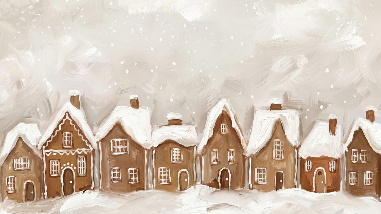 Christmas Frame TV Art, Vintage Holiday Oil Painting (Gingerbread Houses in Snow)