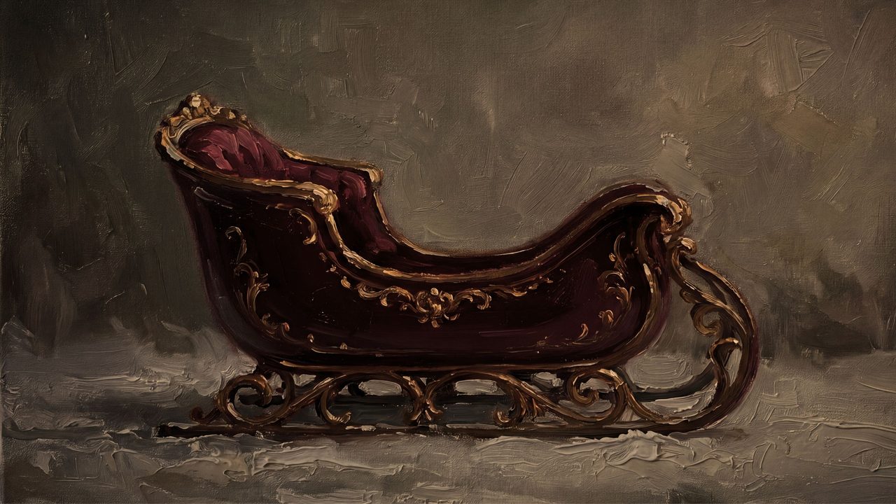 Christmas Frame TV Art, Vintage Holiday Oil Painting (Burgundy Sleigh in Snow)