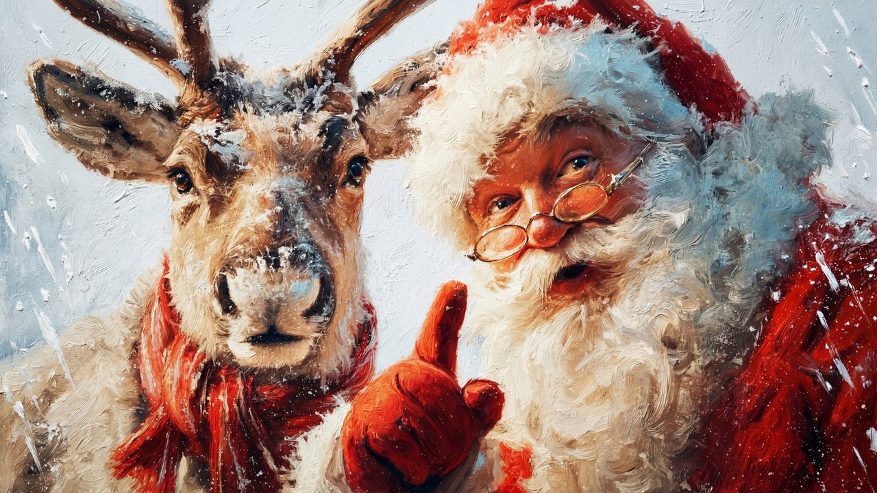 Christmas Frame TV Art, Vintage Holiday Oil Painting (Santa with Reindeer Close-Up)