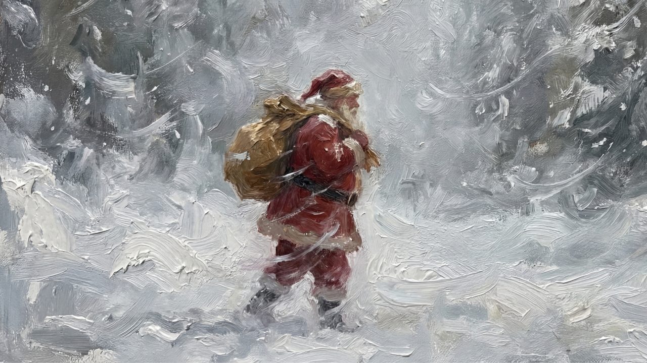 Christmas Frame TV Art, Vintage Holiday Oil Painting (Santa Walking in Snowstorm)