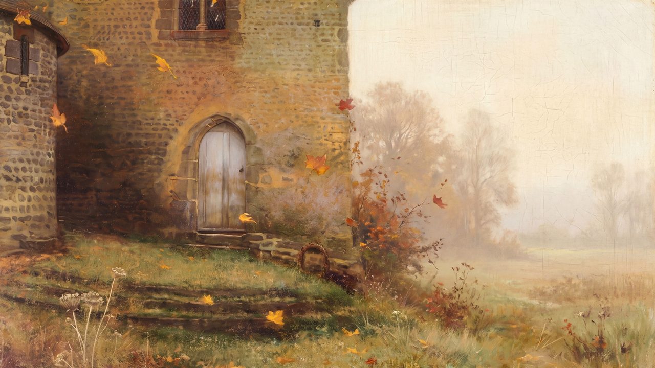 Fall Frame TV Art, Vintage Autumn Oil Painting (Stone Tower in Autumn Fog)