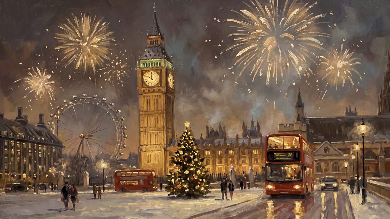 New Year Frame TV Art, Festive Celebration TV Background (Big Ben Christmas Fireworks)