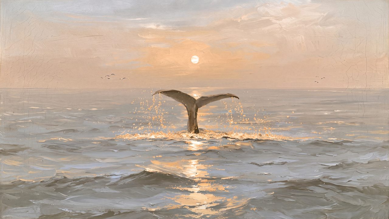 Summer Frame TV Art, Coastal Beach Oil Painting (Whale Tail at Sunset)