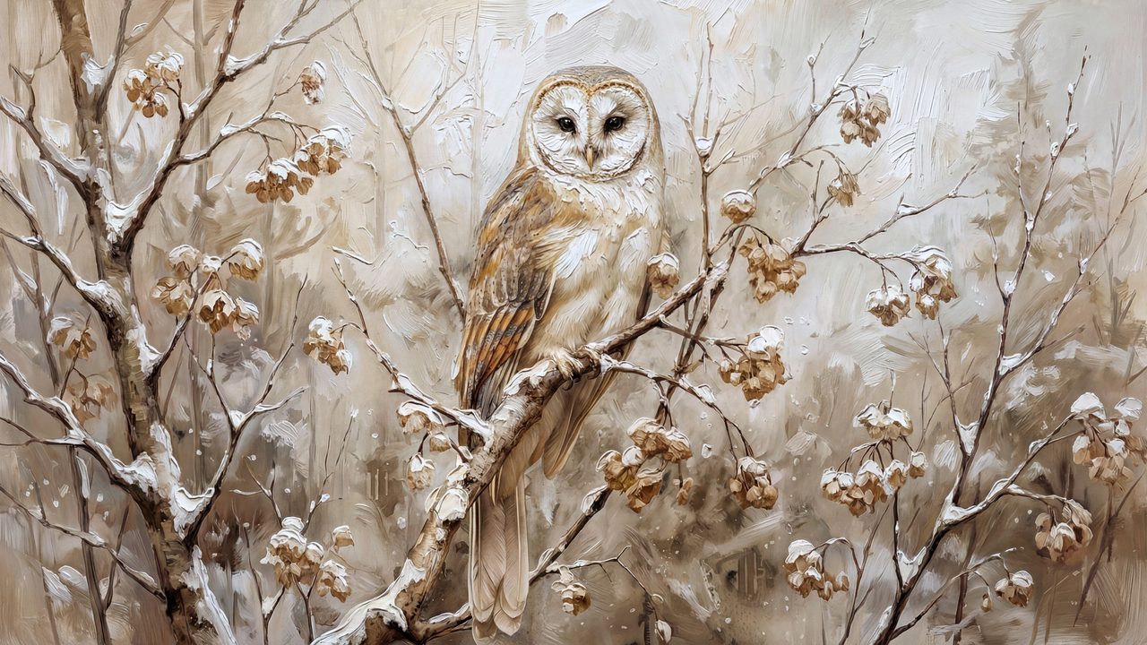 Vintage Frame TV Art, Antique Landscape Oil Painting (Owl on Snowy Branch)