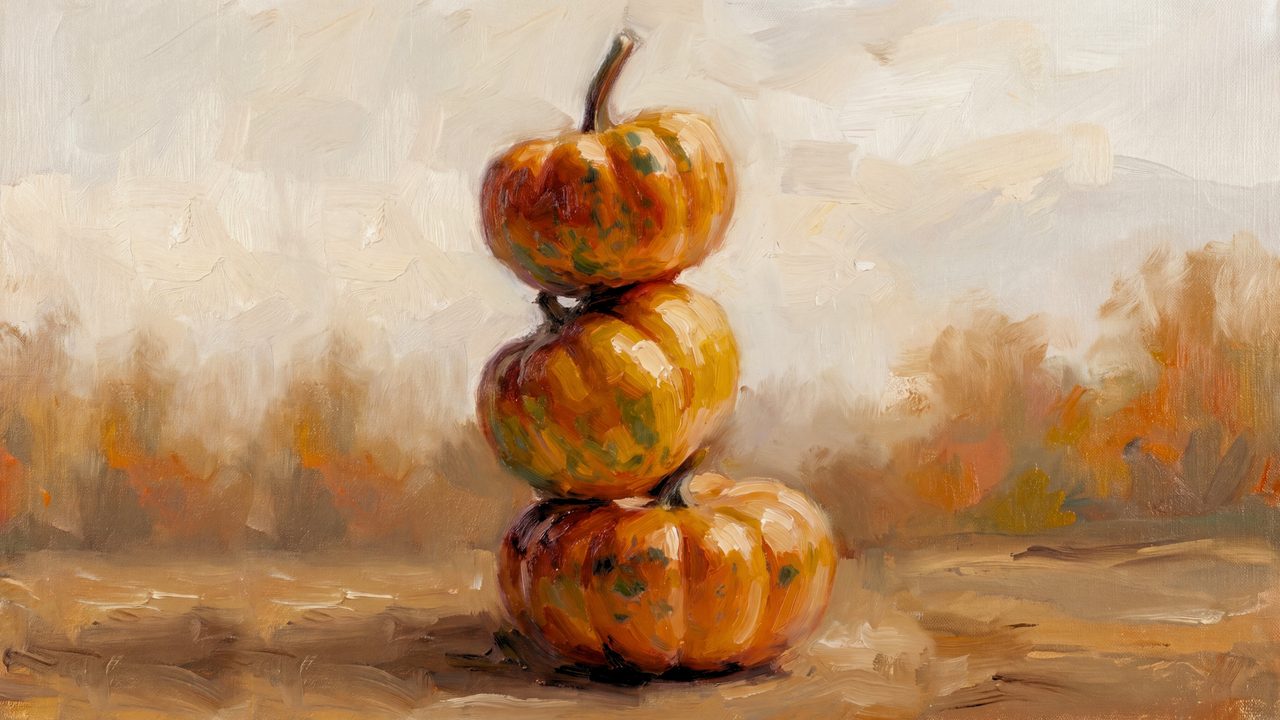 Fall Frame TV Art, Vintage Autumn Oil Painting (Stacked Pumpkins)