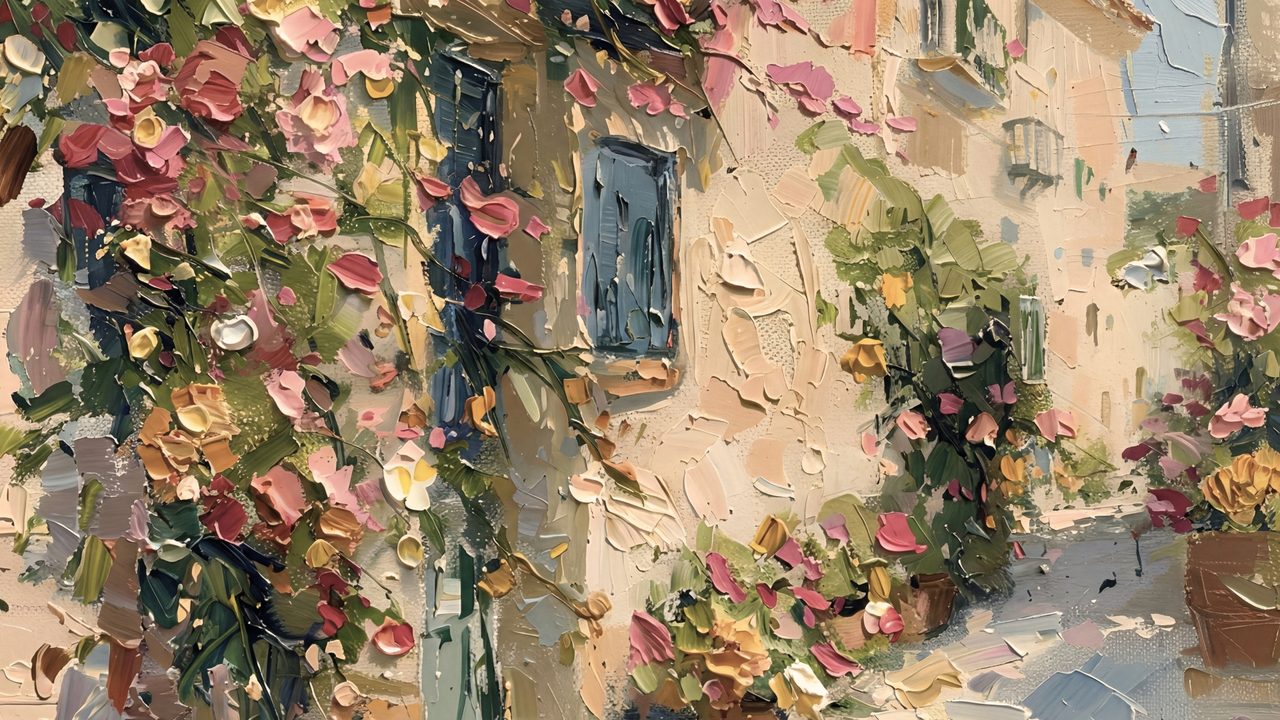 Spring Frame TV Art, Vintage Floral Landscape Oil Painting (Rose Covered Cottage Wall)