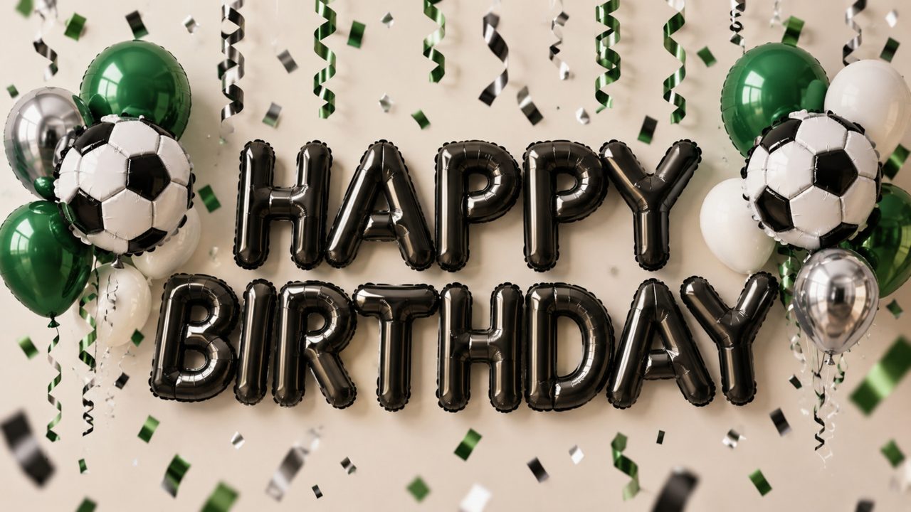 Happy Birthday Frame TV Art, Colorful Party TV Background (Soccer Ball Birthday Balloons)