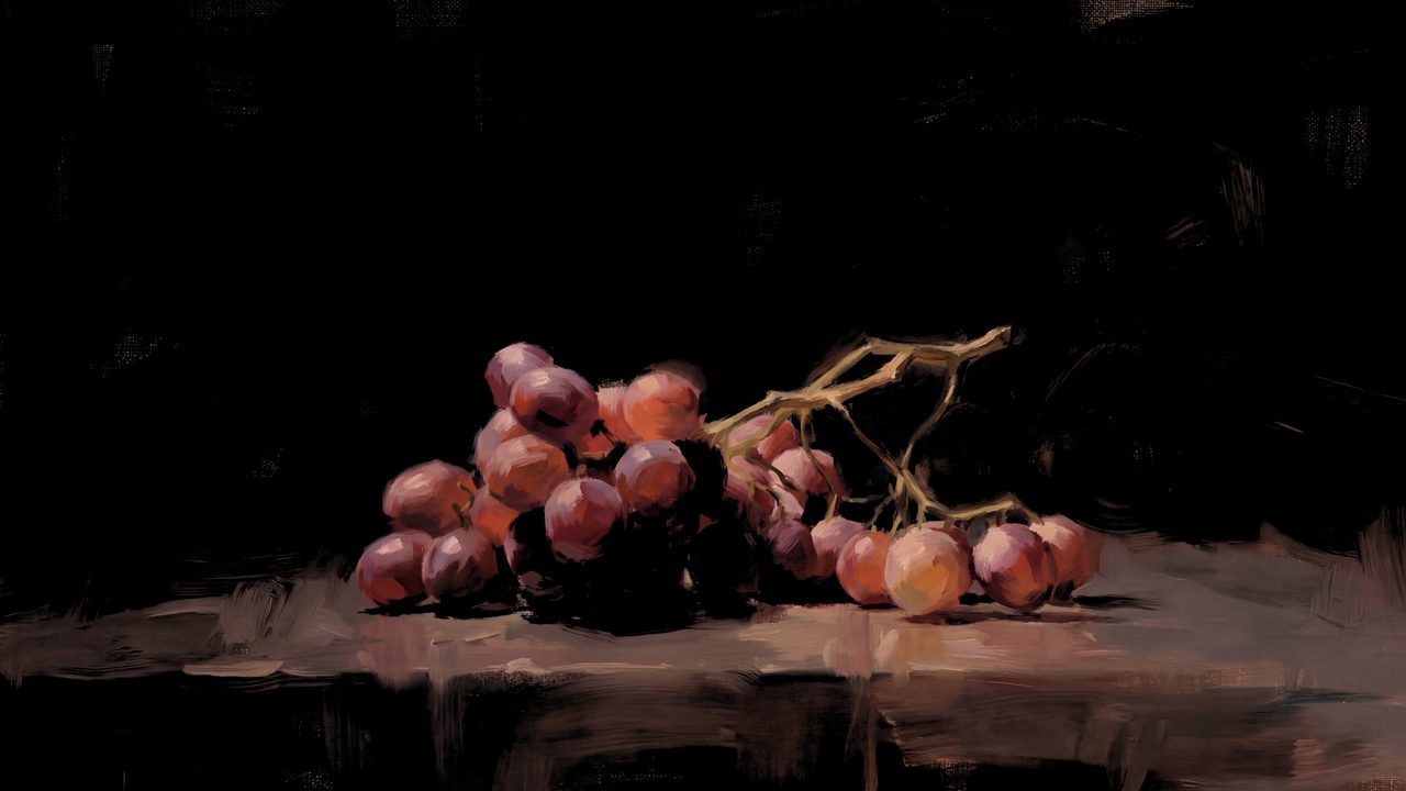 Dark Academia Frame TV Art, Moody Vintage Oil Painting (Red Grapes on Table)