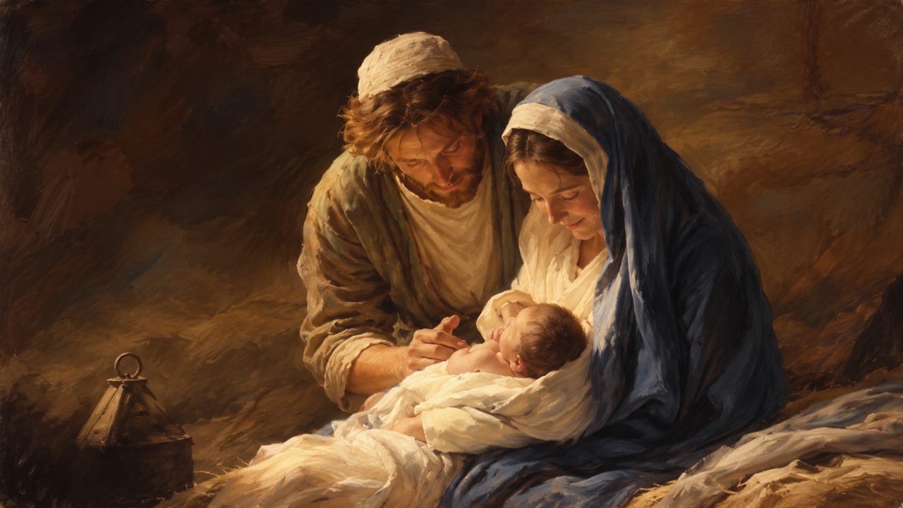 Christian Frame TV Art, Jesus Religious Oil Painting (Joseph and Mary with Newborn)