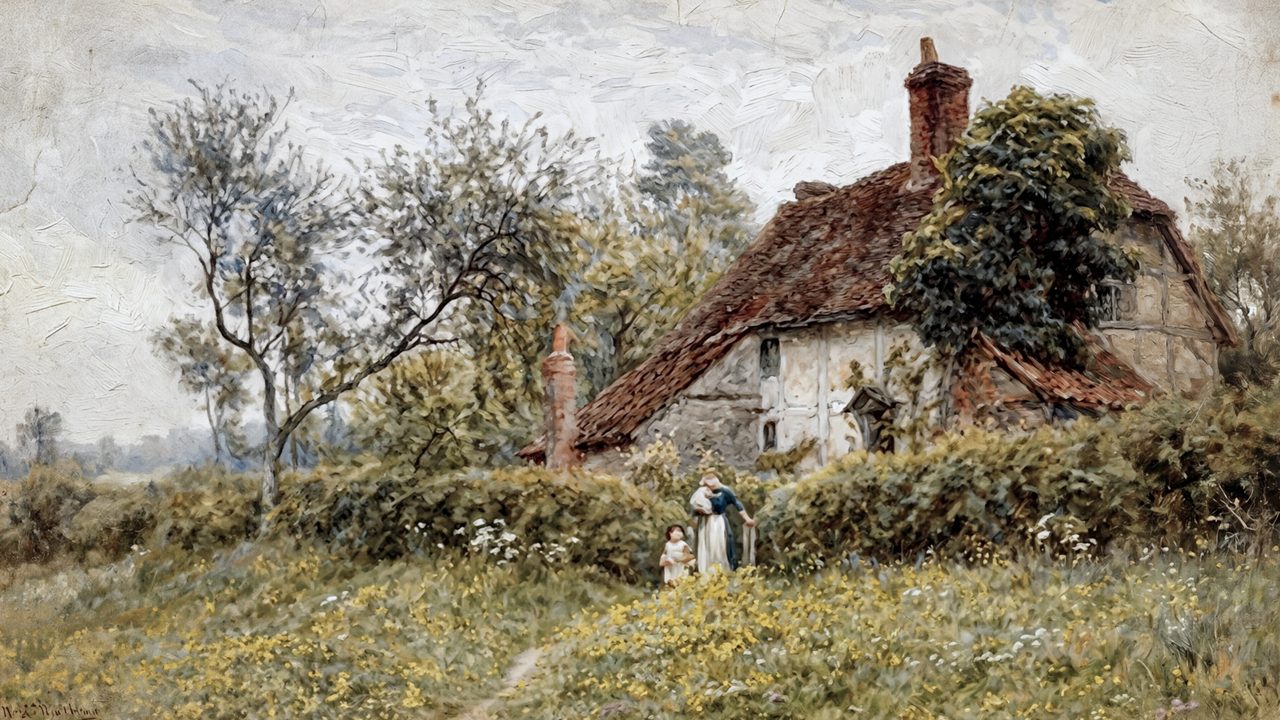 Vintage Frame TV Art, Antique Landscape Oil Painting (Thatched Cottage with Garden)