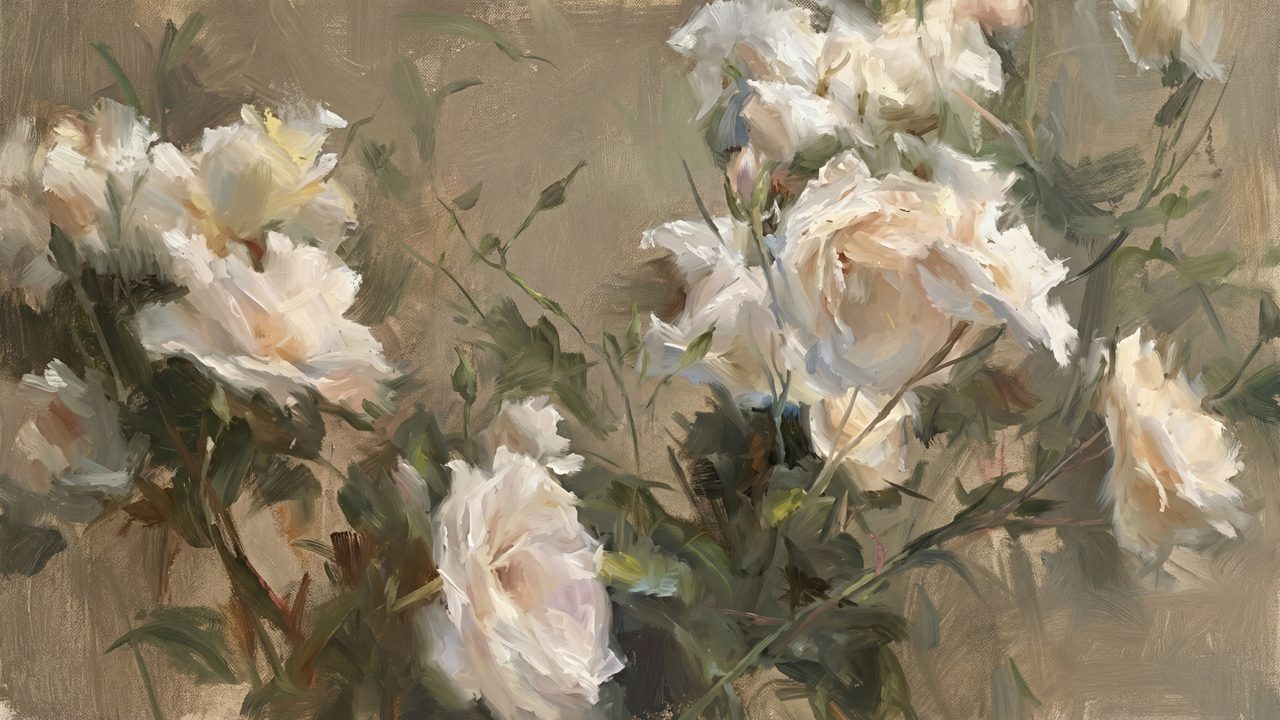 Vintage Frame TV Art, Antique Landscape Oil Painting (White Roses Close Up)