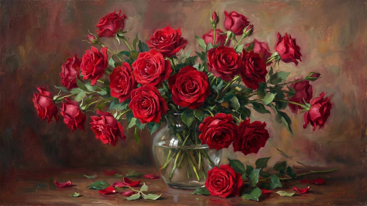 Romantic Red Flowers Samsung Frame TV Art, Vintage Floral Oil Painting, Glass Vase Still Life, Soft Purple Background