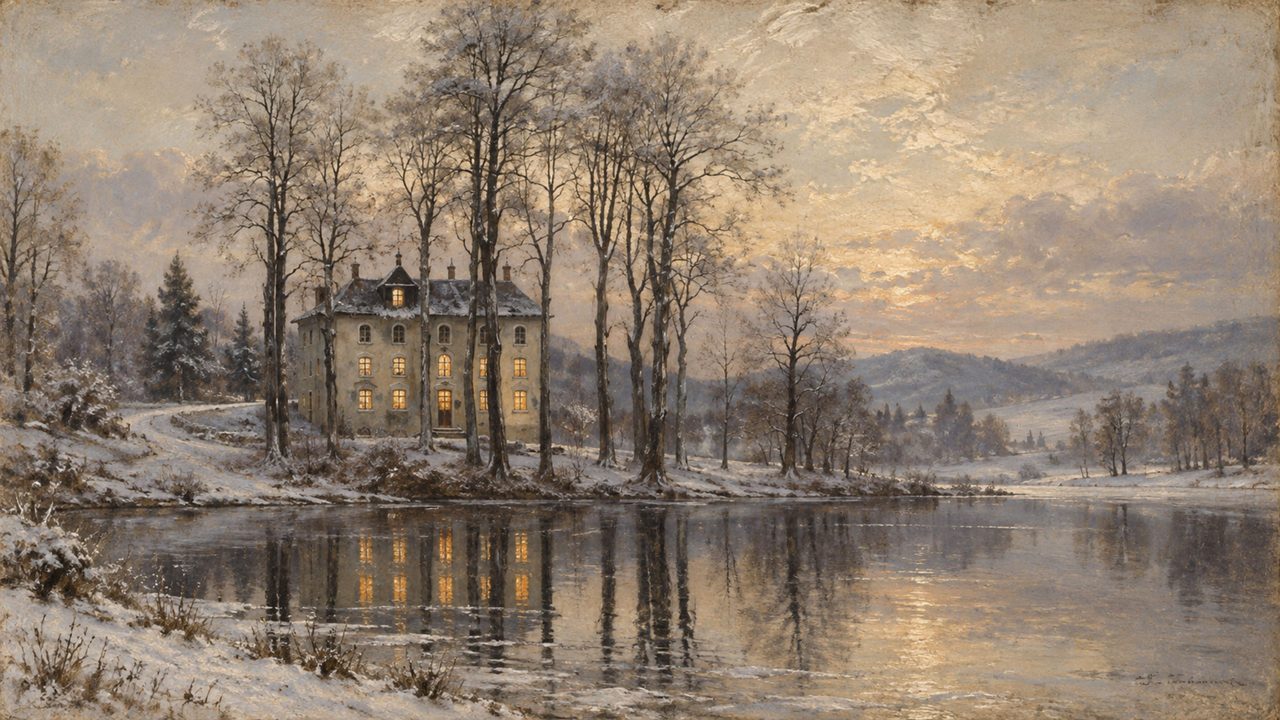 Christmas Frame TV Art, Vintage Holiday Oil Painting (House Reflected in Winter Lake)