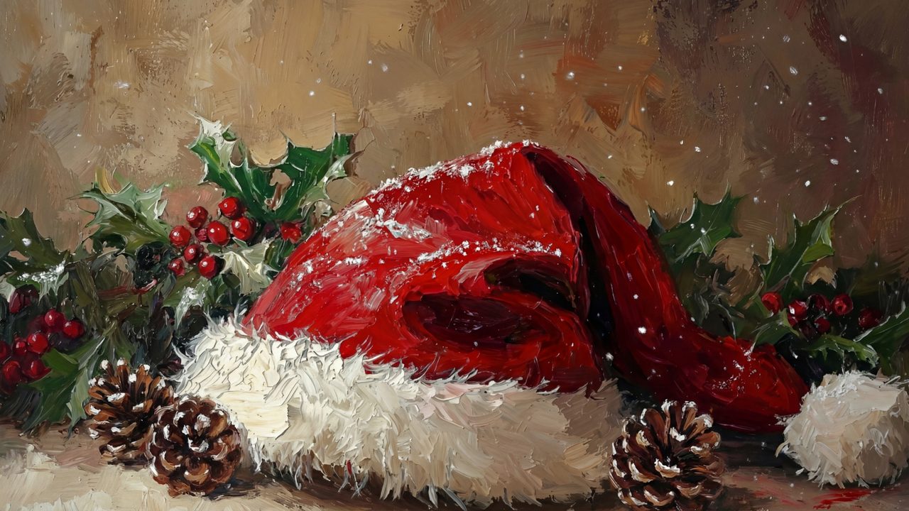 Christmas Frame TV Art, Vintage Holiday Oil Painting (Santa Hat with Holly)