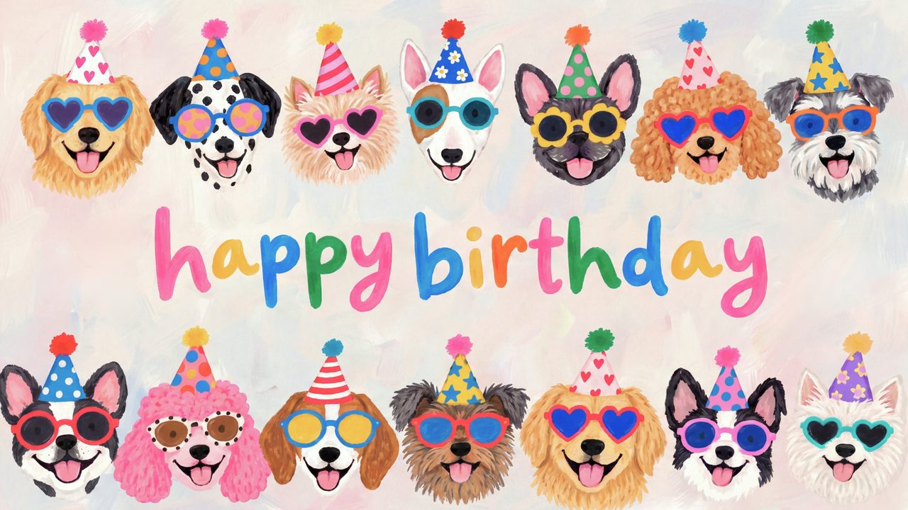 Happy Birthday Frame TV Art, Colorful Party TV Background (Party Dogs in Sunglasses)