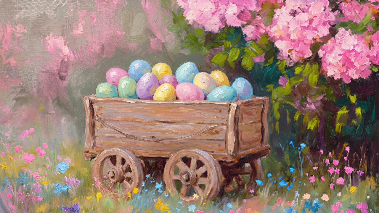 Easter Frame TV Art, Pastel Spring Oil Painting (Easter Eggs in Wagon)