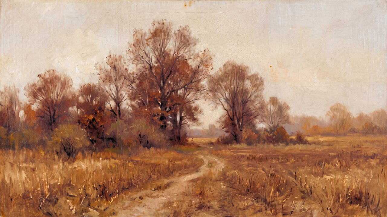 Fall Frame TV Art, Vintage Autumn Oil Painting (Autumn Path Through Trees)