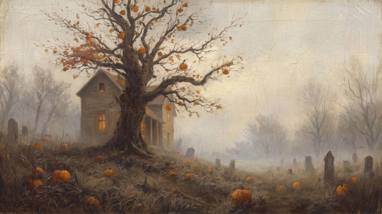 Halloween Frame TV Art, Vintage Moody Oil Painting (Old House by Graveyard)