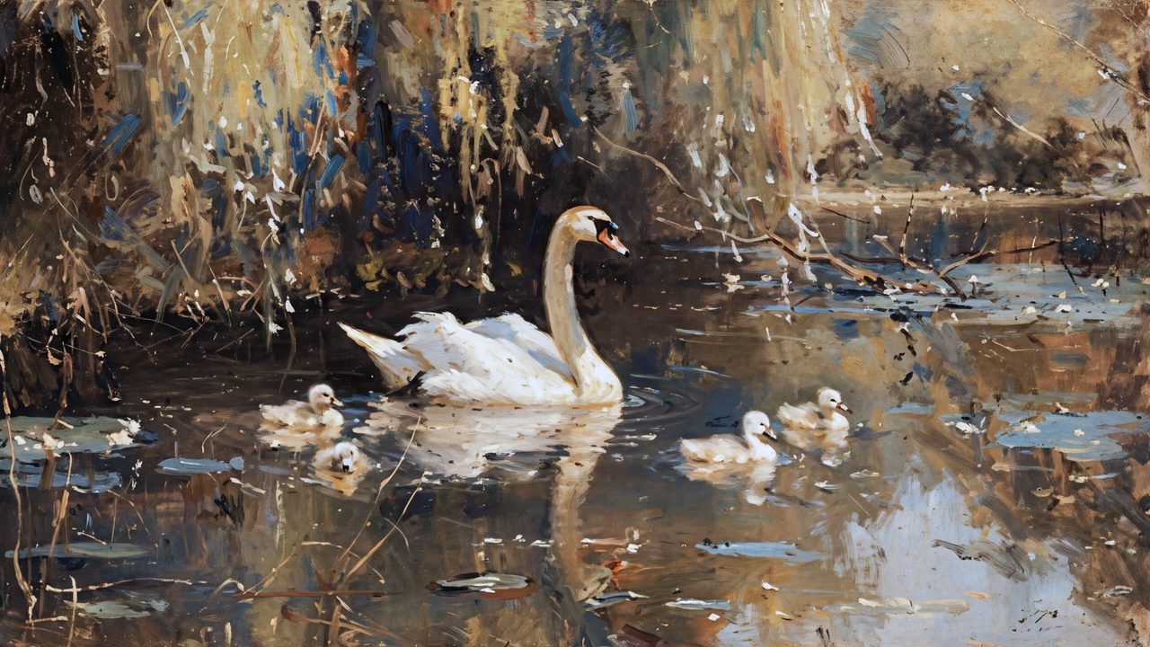 Vintage Frame TV Art, Antique Landscape Oil Painting (Swan with Cygnets on Pond)