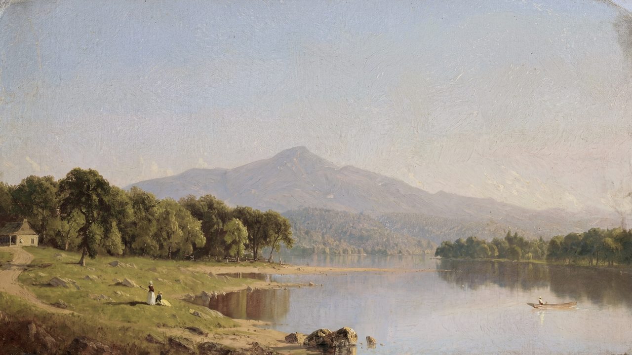 Vintage Frame TV Art, Antique Landscape Oil Painting (River Valley with Mountain)