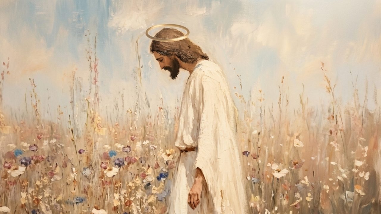 Christian Frame TV Art, Jesus Religious Oil Painting (Jesus in Wildflower Field)
