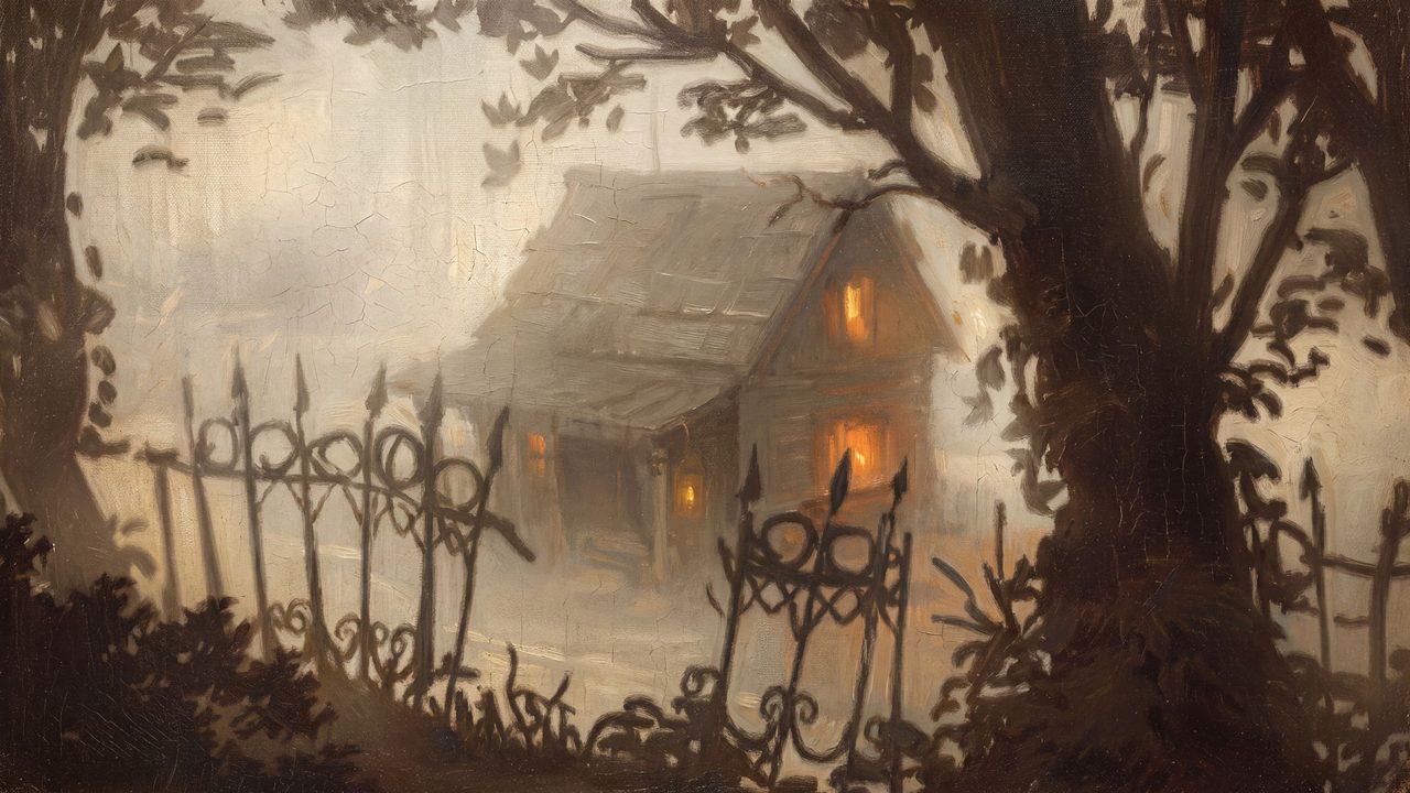 Halloween Frame TV Art, Vintage Moody Oil Painting (Old House Behind Iron Gate)