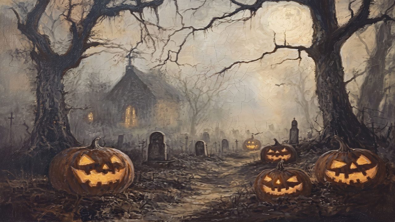 Halloween Frame TV Art, Vintage Moody Oil Painting (Jack-o-Lanterns in Graveyard)