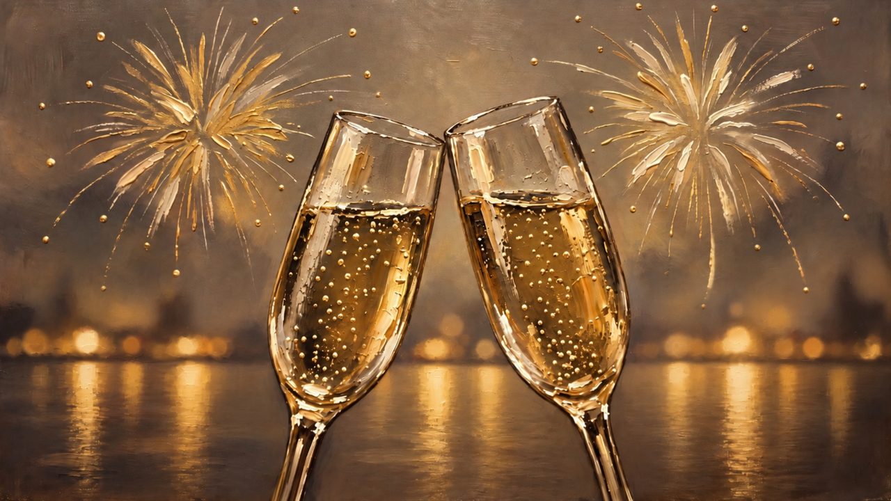 New Year Frame TV Art, Festive Celebration TV Background (Two Champagne Flutes Toasting)