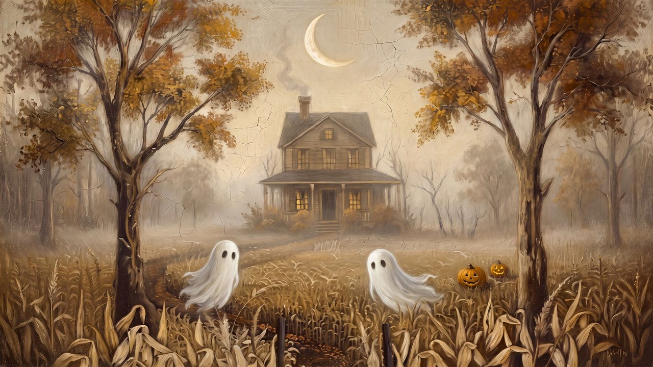 Halloween Frame TV Art, Vintage Moody Oil Painting (Ghosts by Farmhouse Cornfield)