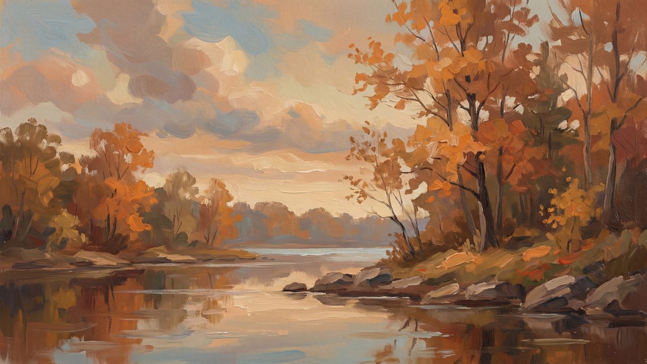 Fall Frame TV Art, Vintage Autumn Oil Painting (Autumn Riverbank at Dusk)