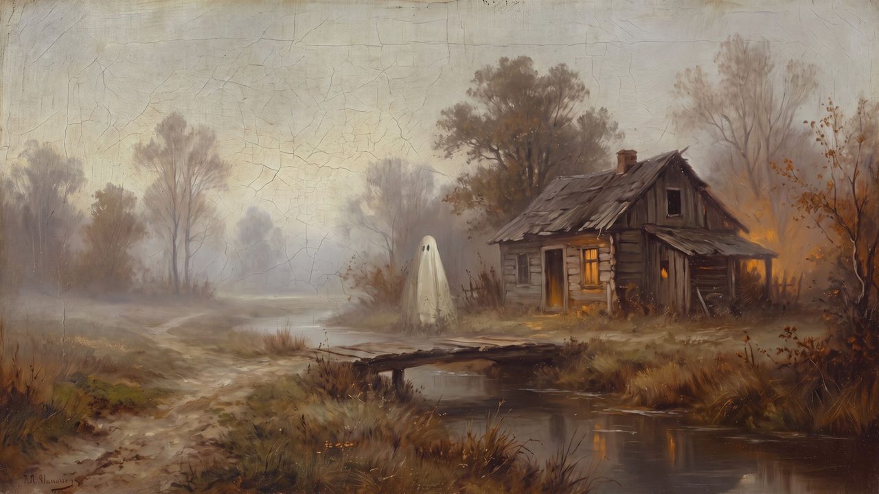 Halloween Frame TV Art, Vintage Moody Oil Painting (Ghost by Riverside Cabin)