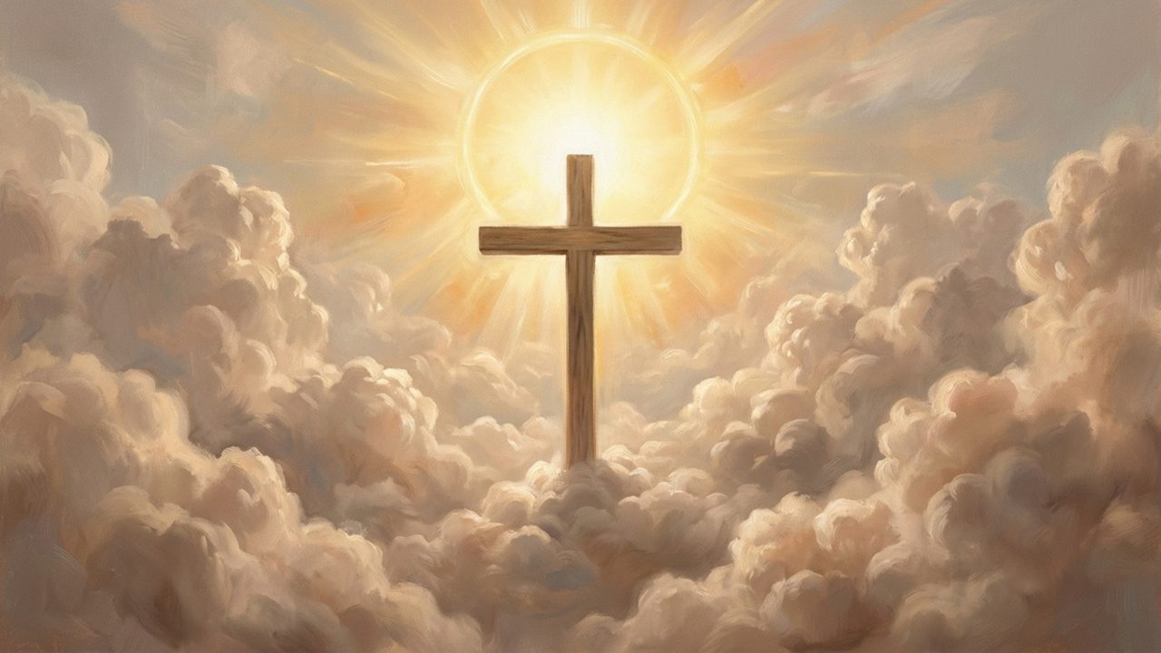 Christian Frame TV Art, Jesus Religious Oil Painting (Glowing Cross in Clouds)