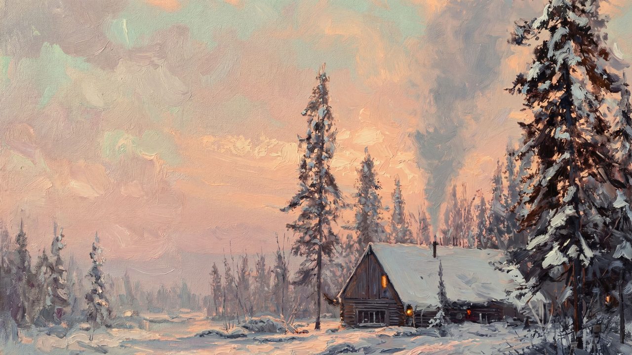 Christmas Frame TV Art, Vintage Holiday Oil Painting (Cabin Among Snowy Pines)