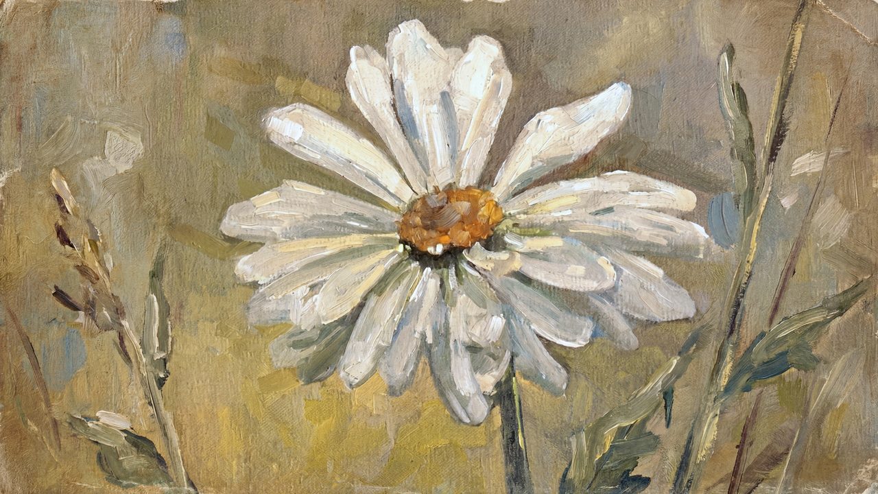 Vintage Frame TV Art, Antique Landscape Oil Painting (Single White Daisy)