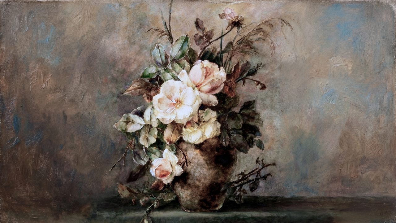 Vintage Frame TV Art, Antique Landscape Oil Painting (Pink Roses in Vase)