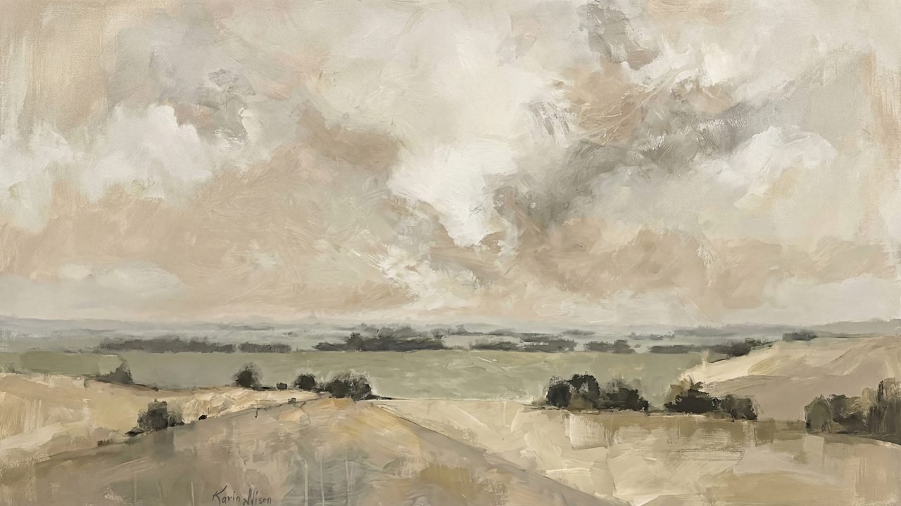 Vintage Frame TV Art, Antique Landscape Oil Painting (Open Plain Under Clouds)