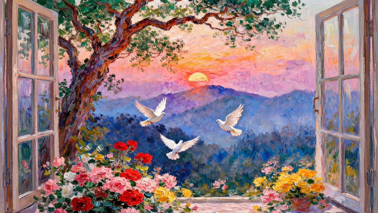 Spring Frame TV Art, Vintage Floral Landscape Oil Painting (Doves Through Open Window)