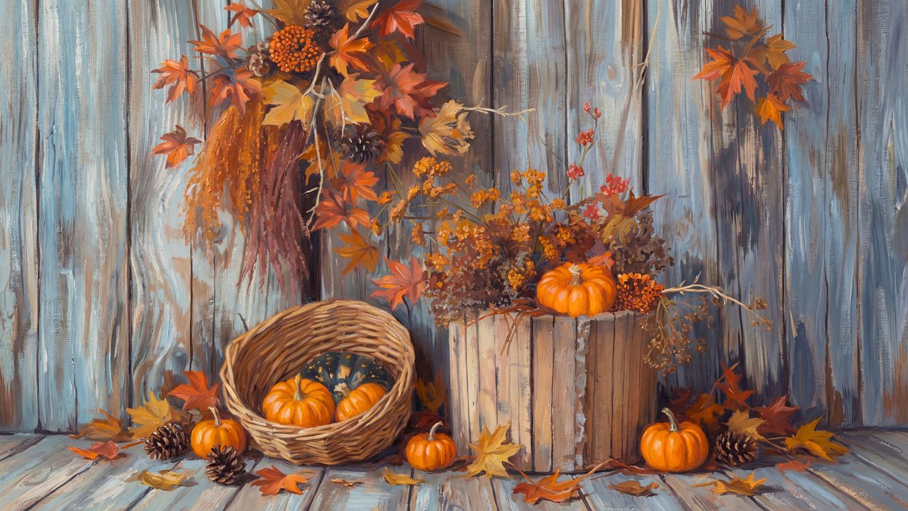 Fall Frame TV Art, Vintage Autumn Oil Painting (Pumpkins in Rustic Baskets)