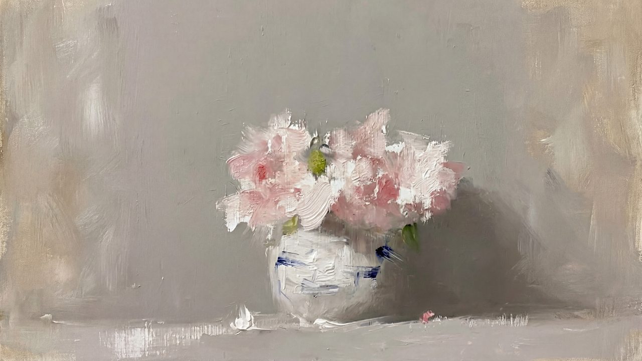 Vintage Frame TV Art, Antique Landscape Oil Painting (Pink Peonies in Blue Vase)