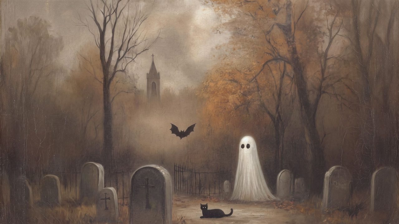 Halloween Frame TV Art, Vintage Moody Oil Painting (Ghost in Foggy Cemetery)