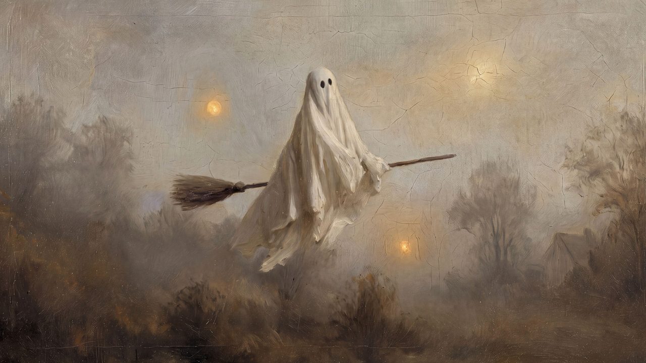 Halloween Frame TV Art, Vintage Moody Oil Painting (Ghost Riding Broomstick)