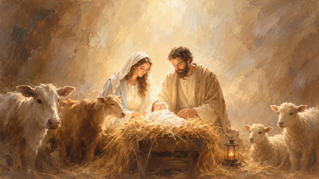 Christian Frame TV Art, Jesus Religious Oil Painting (Holy Family with Animals)
