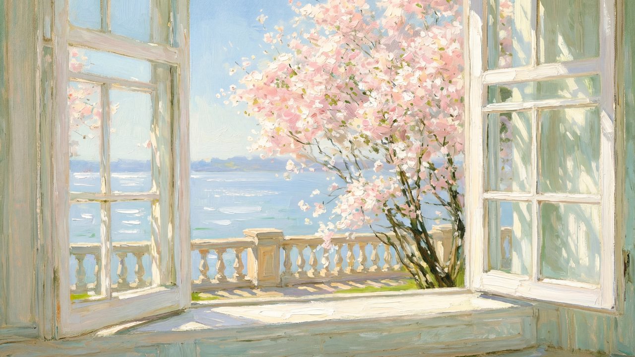 Spring Frame TV Art, Vintage Floral Landscape Oil Painting (Open Window to Blossoms and Sea)
