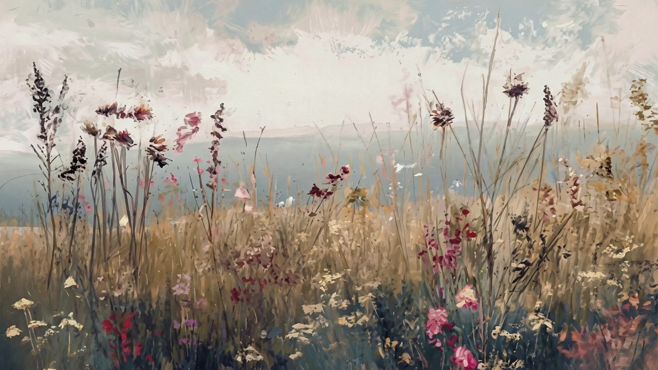 Vintage Frame TV Art, Antique Landscape Oil Painting (Wildflowers by the Sea)