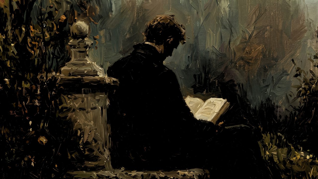 Dark Academia Frame TV Art, Moody Vintage Oil Painting (Man Reading by Gravestone)