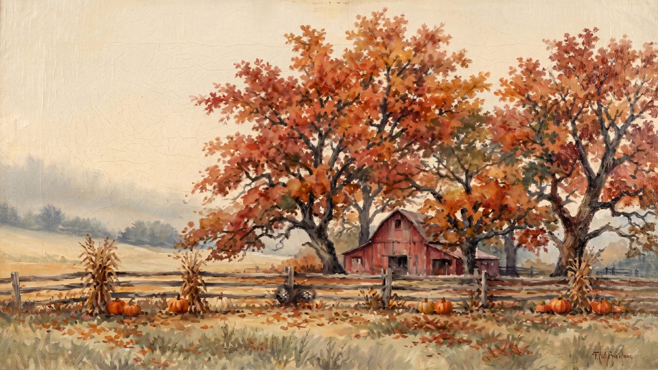 Fall Frame TV Art, Vintage Autumn Oil Painting (Red Barn Under Autumn Oaks)