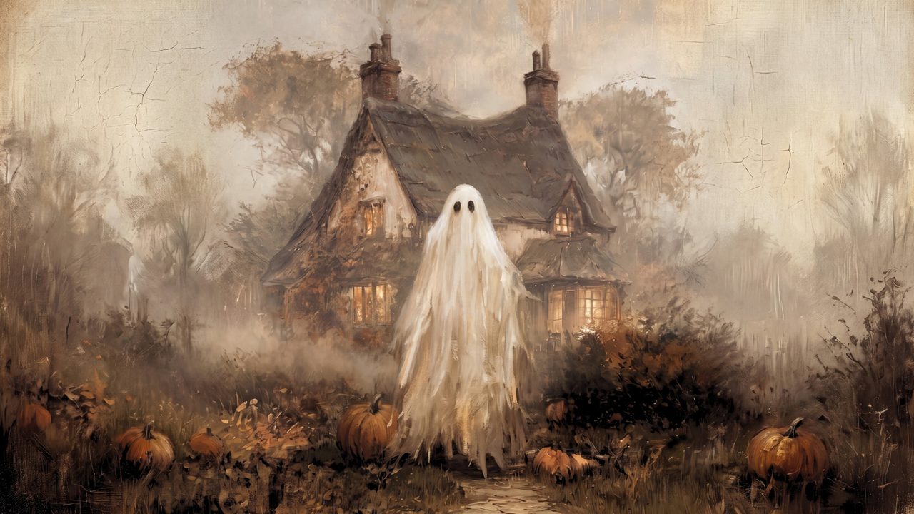 Halloween Frame TV Art, Ghost at Haunted Cottage, Vintage Fall Oil Painting, Pumpkin Patch Spooky Decor