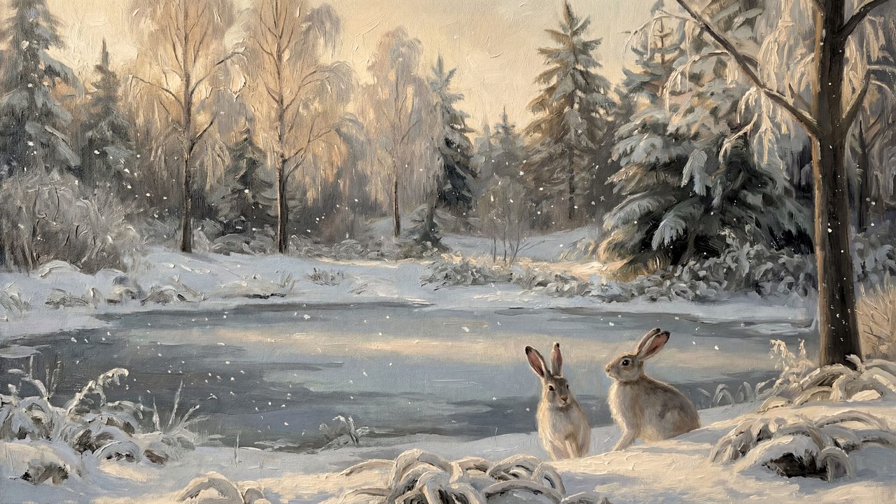 Christmas Frame TV Art, Vintage Holiday Oil Painting (Rabbits by Frozen Pond)