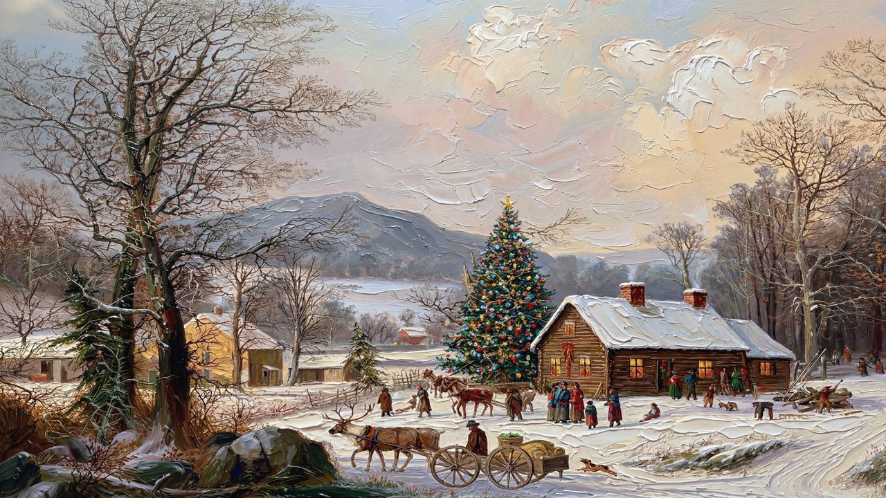 Christmas Winter Cabin Painting Frame TV Art | Vintage Snowy Landscape | Holiday Horse Carriage Scene | Rustic